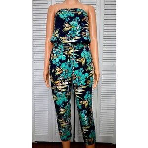 Mudd Women’s Strapless Floral Jumpsuit Blue Tropical Rayon Size S Boho Capri